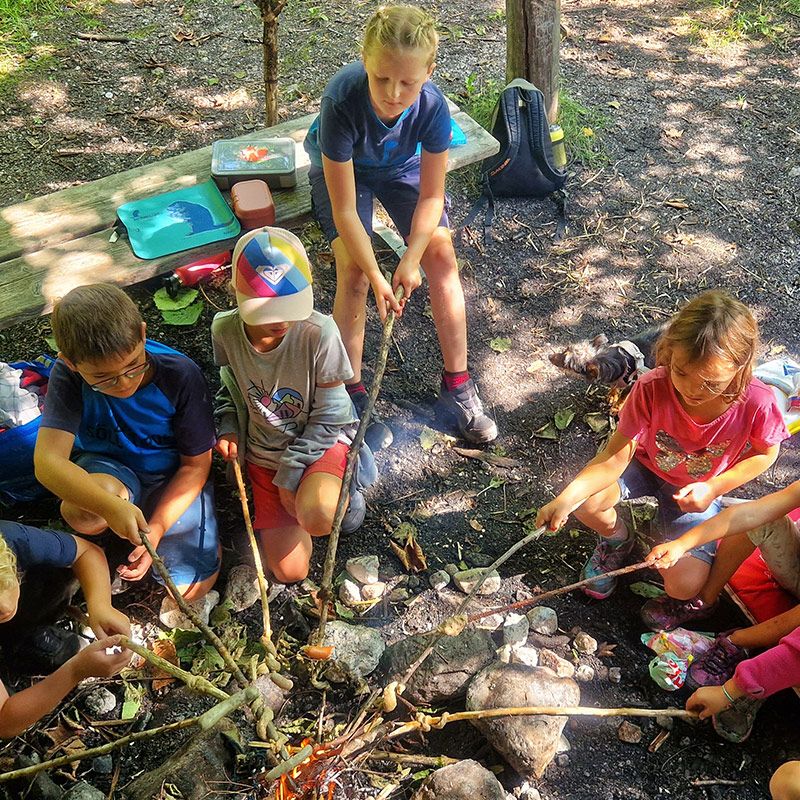 Kinder sitzen im Sommer rund um ein Lagerfeuer und grillen Würstel und Steckerlbrot.